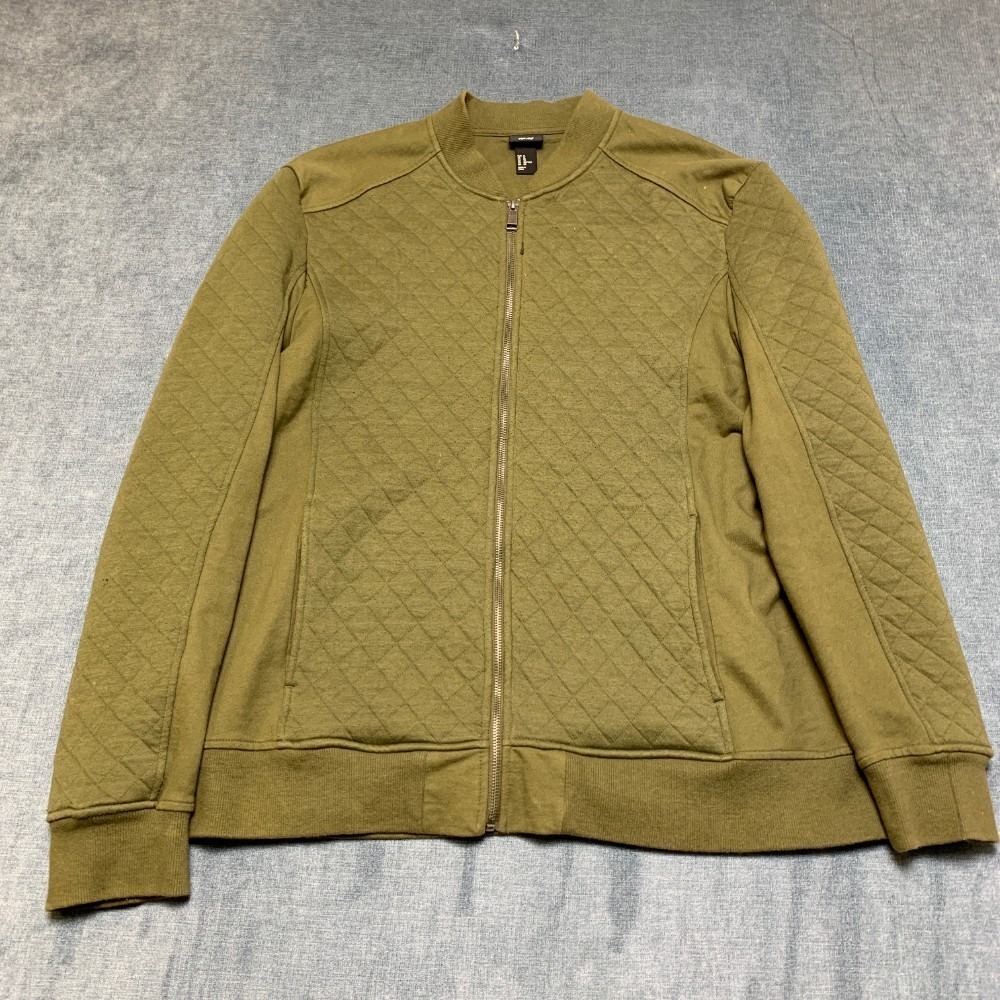 H&M Bomber Jacket Mens XL Olive Green Knit Cotton Diamond Quilted Streetwear